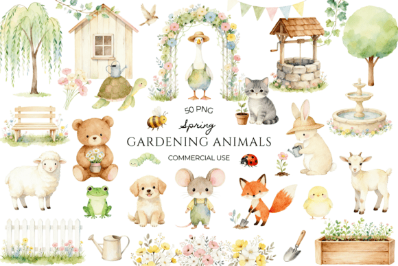Adorable Watercolor Spring Gardening Animals for Creative Projects