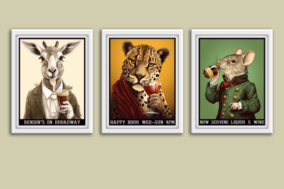 Bar Posters Animals Cocktail Wall Art: A Digital Trio