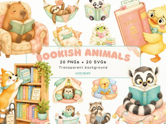 Bookish Cute Animals Watercolor Cliparts: Cozy Creative Assets