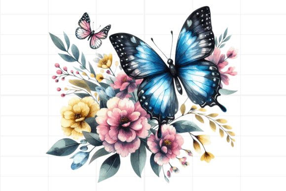 Butterfly and Flower Watercolor Clipart: Elegant Design Assets