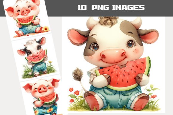 Charming Cow and Pig Eating Watermelon Clipart for Summer Designs