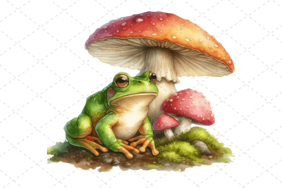 Enchanting Watercolor Frog Under a Mushroom Clipart