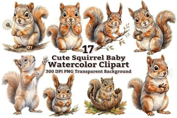 Enchanting Woodland Art: Cute Baby Squirrel Watercolor Clipart
