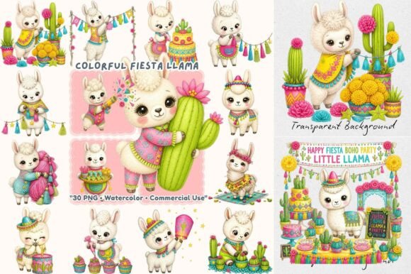 Fiesta Boho Llama Watercolor Clipart for Creative Projects