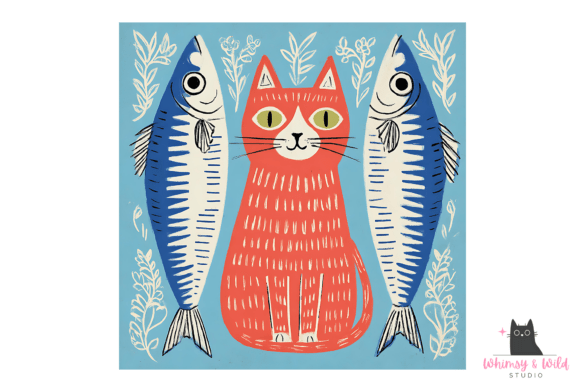 Folk Cat and Sardines Wall Art: A Whimsical Design Asset