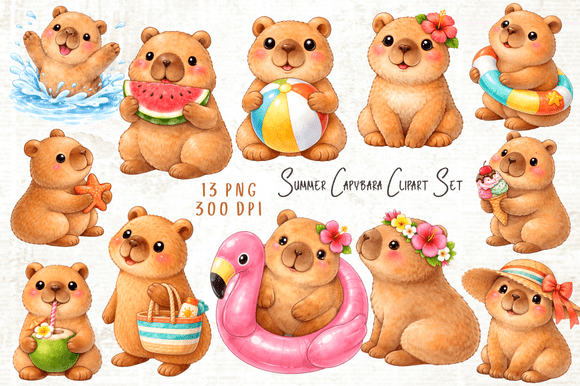 Summer Capybara Clipart Set PNG: Your Ultimate Creative Asset