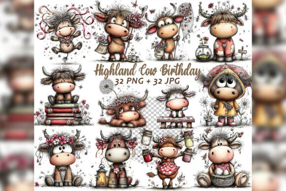 Whimsical Highland Cow Birthday Clipart for Joyful Designs