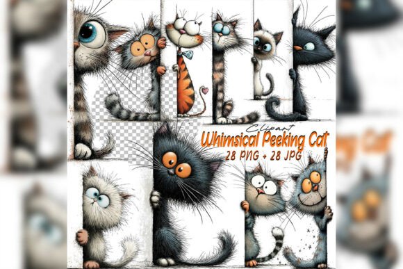 Whimsical Quirky Peeking Cat Clipart Set for Playful Designs